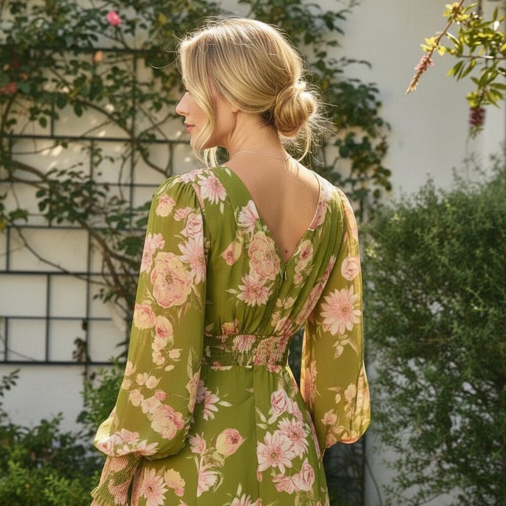 Elegant floral maxi dress - Olive color formal event guest gown - Picture 4 of 4